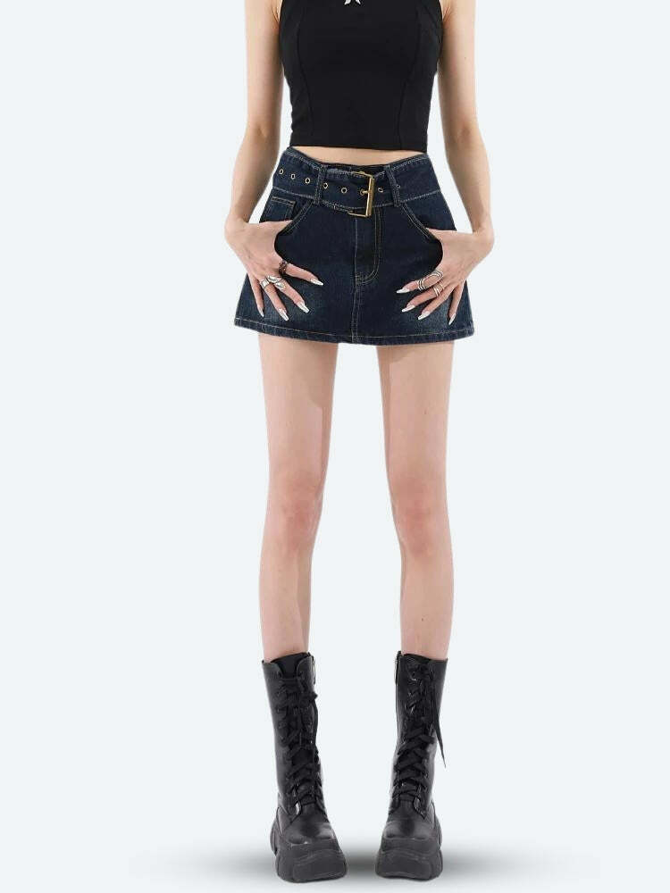 Y2K Grunge Belted Denim Mini Skirt with Aesthetic Coquette Vibes