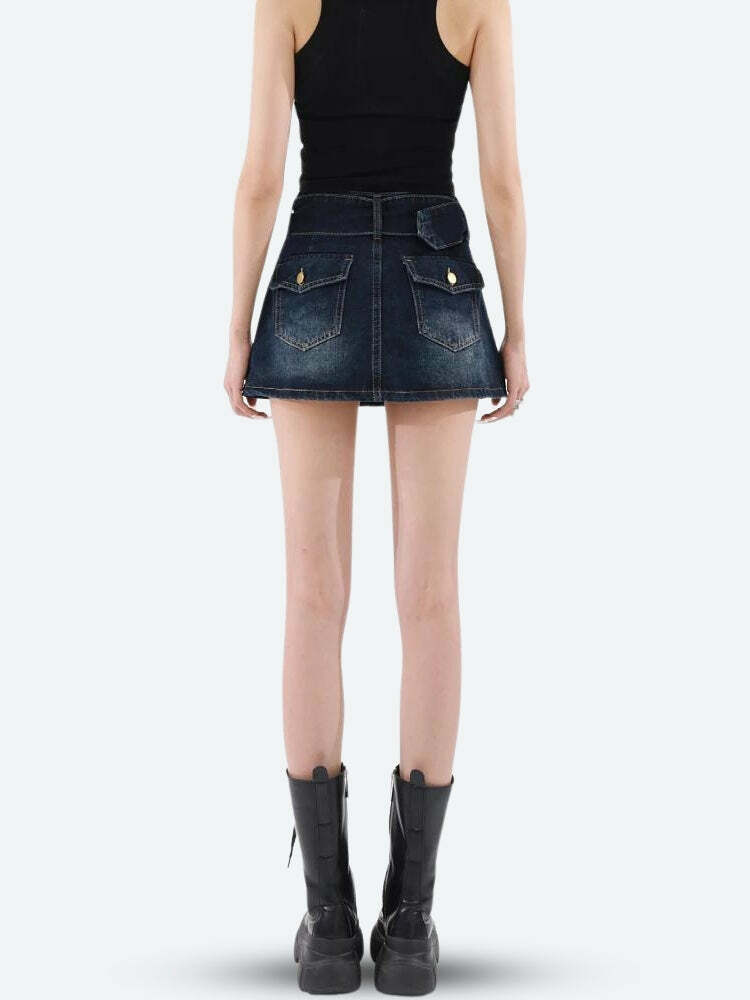 Y2K Grunge Belted Denim Mini Skirt with Aesthetic Coquette Vibes