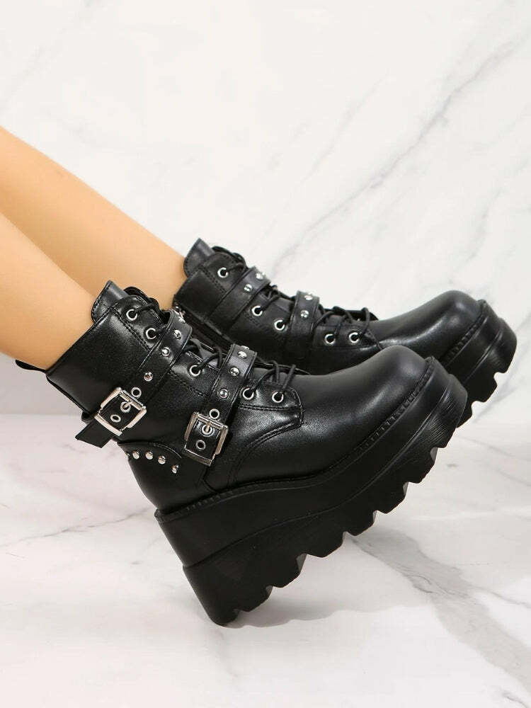 Y2K Grunge Belted Platform Boots for Aesthetic Coquette Style