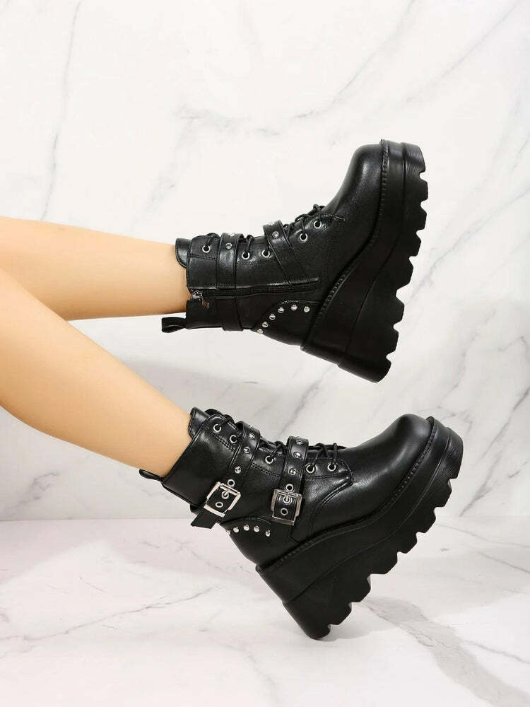 Y2K Grunge Belted Platform Boots for Aesthetic Coquette Style