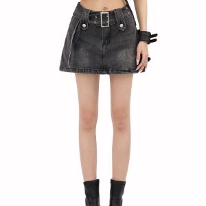 Y2K Grunge Buttoned Belt Loop Mini Skirt for Aesthetic Coquette Style