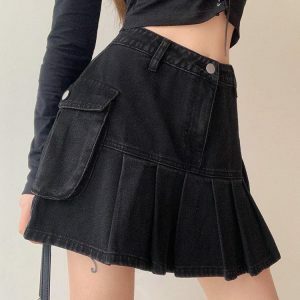 Y2K Grunge Cargo Denim Mini Skirt - Aesthetic Coquette Style