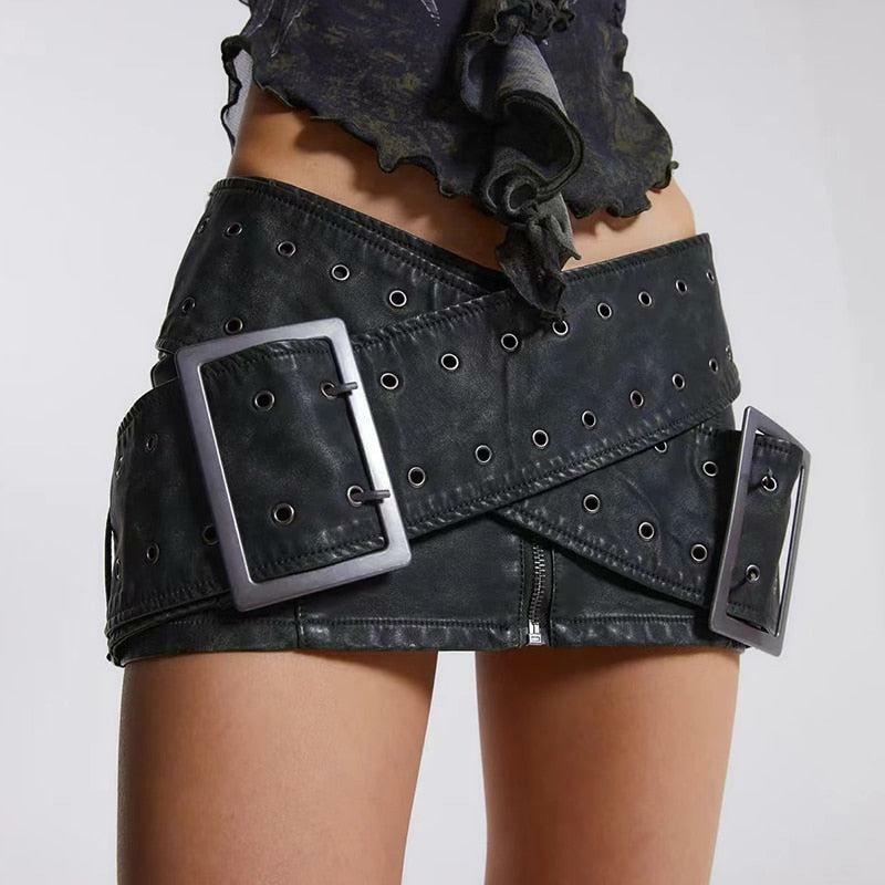 Y2K Grunge Cross Belt Faux Leather Mini Skirt for Aesthetic Coquette Style