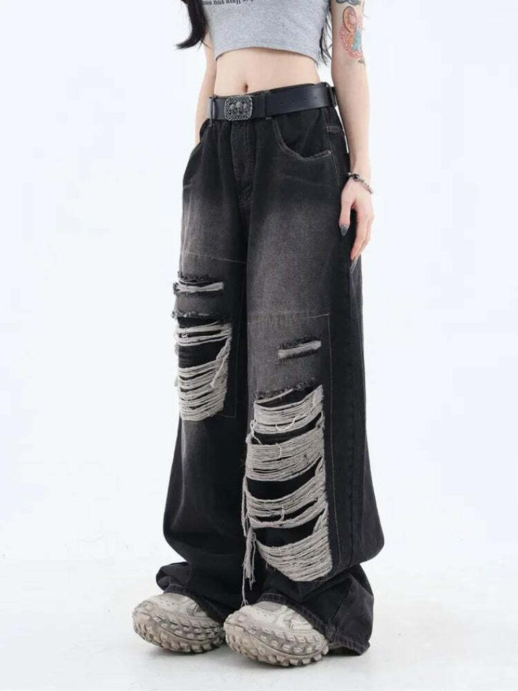 Y2K Grunge Dark Wash Distressed Jeans for Aesthetic Coquette Style