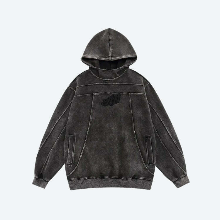 Y2K Grunge Dark Washed Embroidered Hoodie for Aesthetic Coquette Style