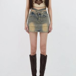 Y2K Grunge Denim Cross Belt Mini Skort - Aesthetic Coquette Style