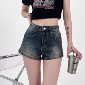 Y2K Grunge Denim Shorts with Ruffle Hem for Aesthetic Coquette Style