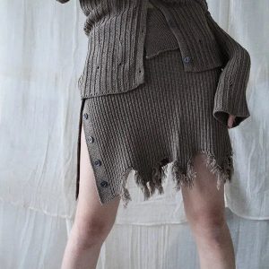 Y2K Grunge Distressed Cardigan & Mini Skirt Set for Aesthetic Outfits