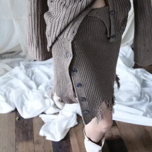 Y2K Grunge Distressed Cardigan & Mini Skirt Set for Aesthetic Outfits