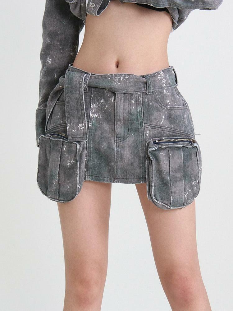 Y2K Grunge Distressed Cargo Denim Mini Skirt for Aesthetic Outfits