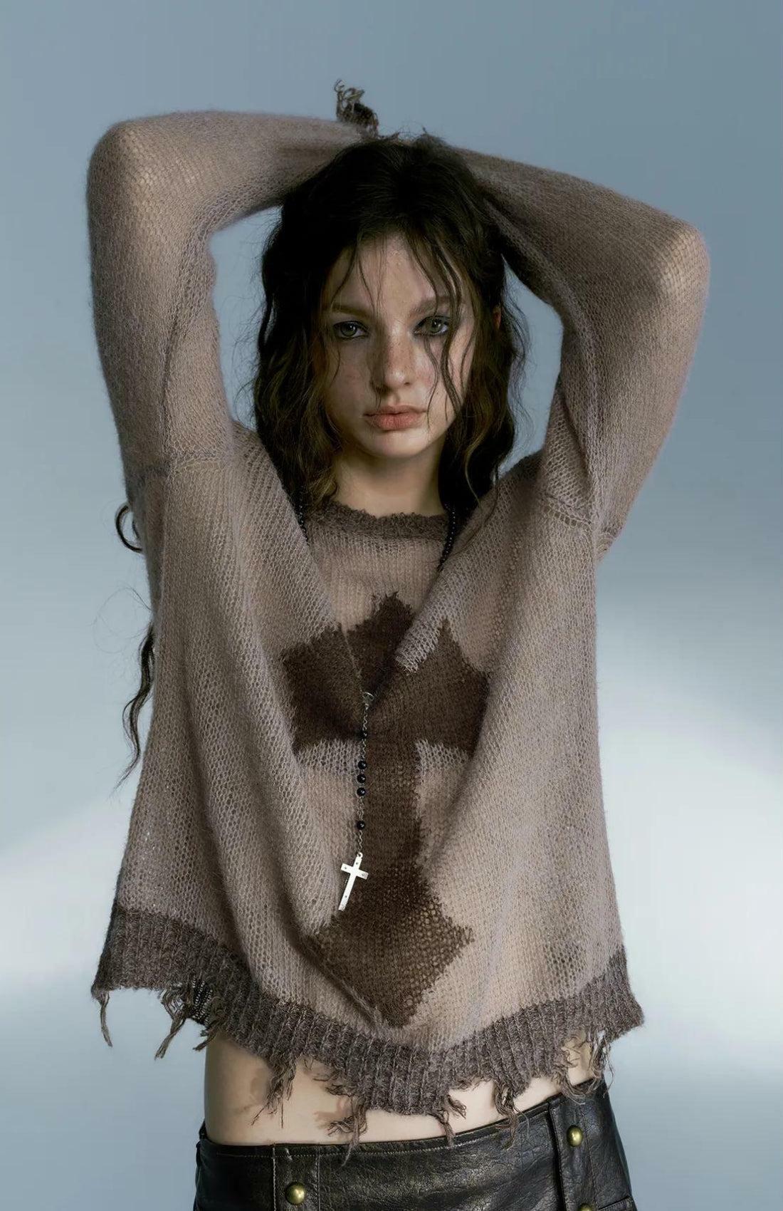 Y2K Grunge Distressed Cross Sweater - Aesthetic Coquette Style