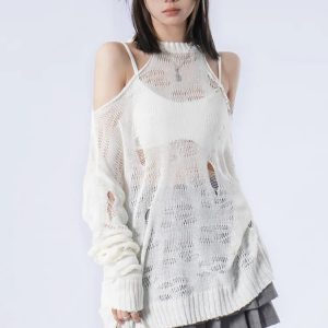 Y2K Grunge Distressed Cut-Out Knitted Sweater for Aesthetic Outfits