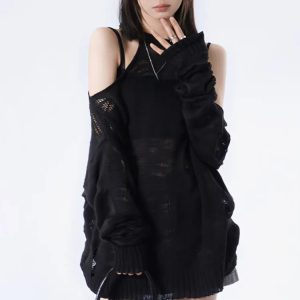 Y2K Grunge Distressed Cut-Out Knitted Sweater for Aesthetic Outfits