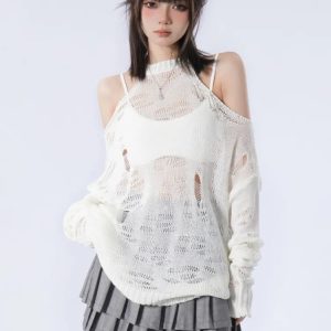 Y2K Grunge Distressed Cut-Out Knitted Sweater for Aesthetic Outfits