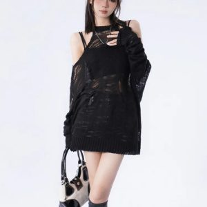 Y2K Grunge Distressed Cut-Out Knitted Sweater for Aesthetic Outfits