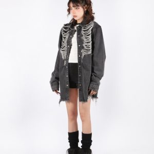 Y2K Grunge Distressed Denim Jacket - Aesthetic Layering Essential