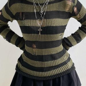Y2K Grunge Distressed Striped Sweater - Aesthetic Coquette Style