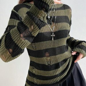 Y2K Grunge Distressed Striped Sweater - Aesthetic Coquette Style