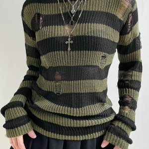 Y2K Grunge Distressed Striped Sweater - Aesthetic Coquette Style