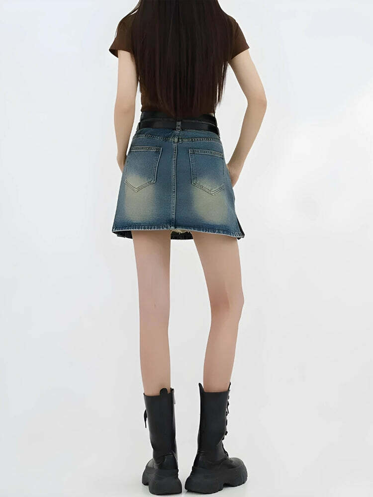 Y2K Grunge Double Belt Loop Denim Mini Skirt for Aesthetic Coquette Style