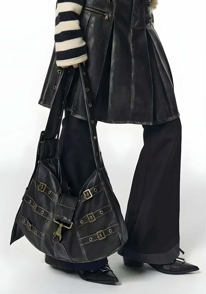 Y2K Grunge Faux Leather Belted Bag for Aesthetic Coquette Style