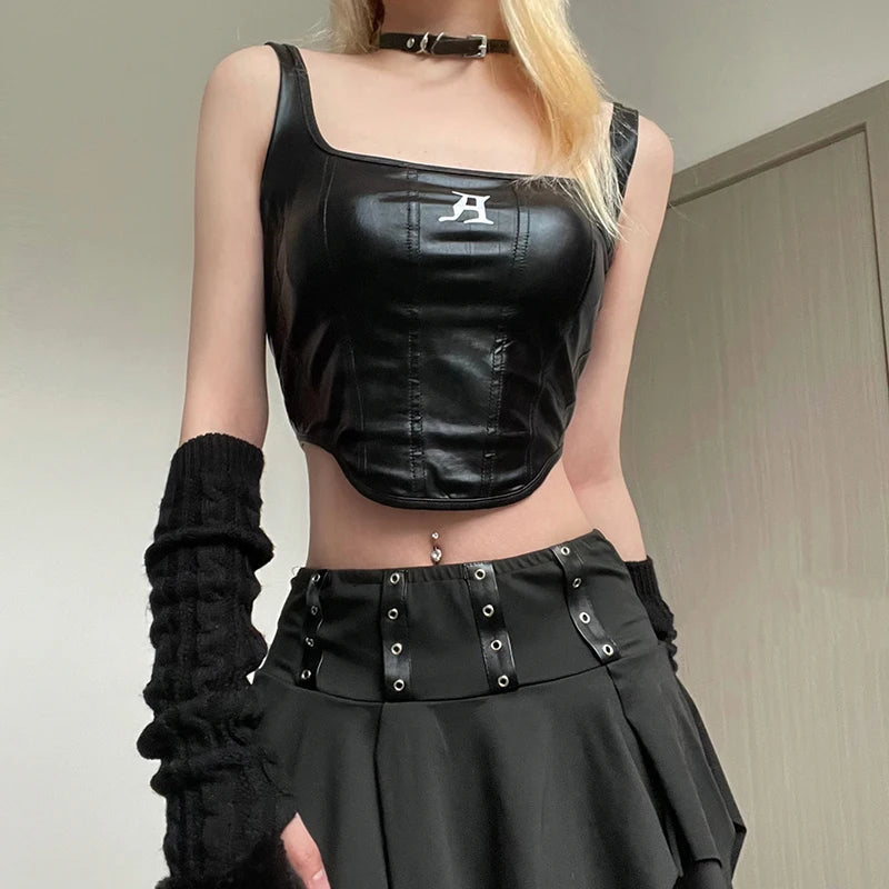 Y2K Grunge Faux Leather Crop Corset Top - Aesthetic Coquette Style