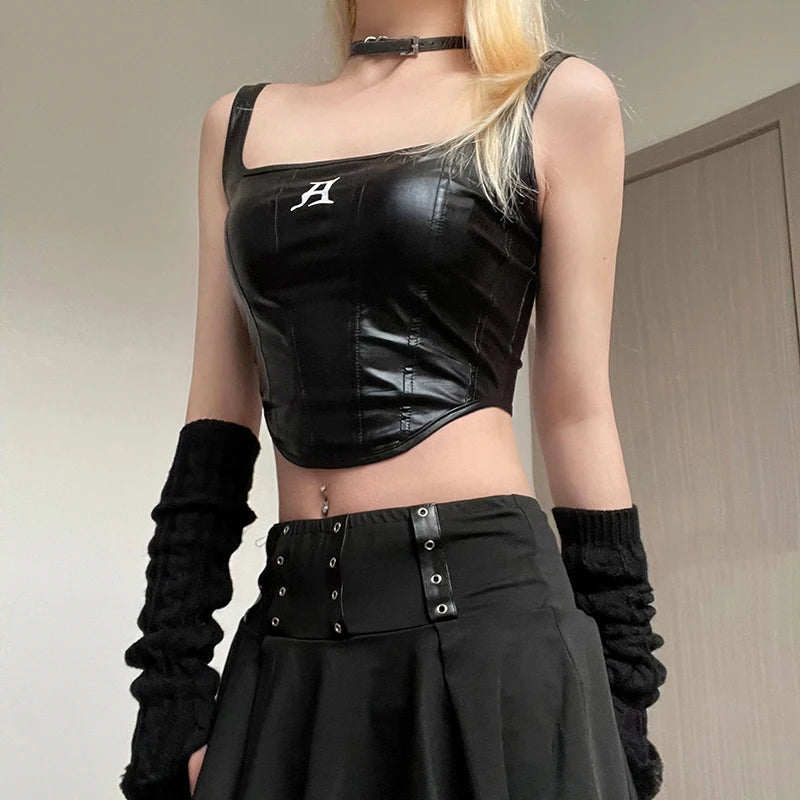 Y2K Grunge Faux Leather Crop Corset Top - Aesthetic Coquette Style