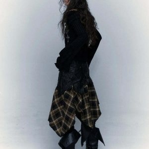 Y2K Grunge Faux Leather Plaid Midi Skirt for Aesthetic Coquette Style