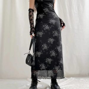 Y2K Grunge Floral Mesh Midi Dress - Aesthetic Coquette Style