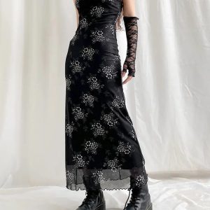 Y2K Grunge Floral Mesh Midi Dress - Aesthetic Coquette Style