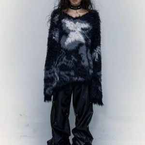 Y2K Grunge Fuzzy Sweater: Aesthetic Coquette Style for Trendy Looks