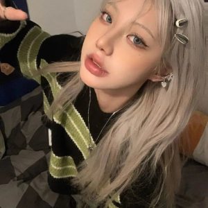 Y2K Grunge Green Striped Crop Sweater - Aesthetic Coquette Style