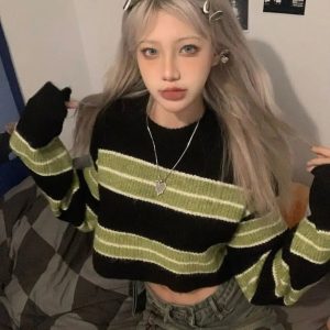 Y2K Grunge Green Striped Crop Sweater - Aesthetic Coquette Style