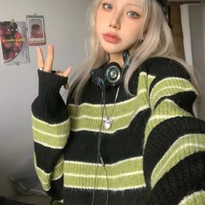 Y2K Grunge Green Striped Crop Sweater - Aesthetic Coquette Style