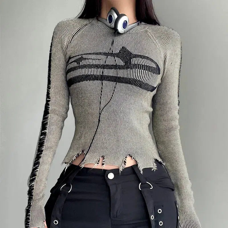 Y2K Grunge Long Sleeve Distressed Top - Aesthetic Coquette Style