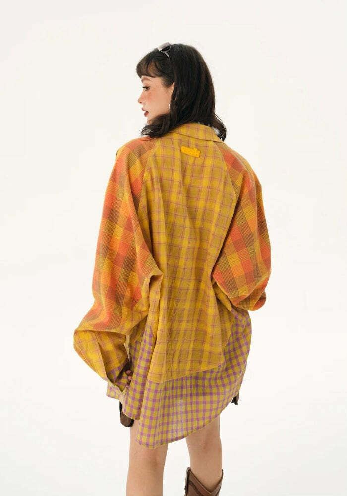 Y2K Grunge Multi-Pattern Plaid Shirt for Aesthetic Coquette Style