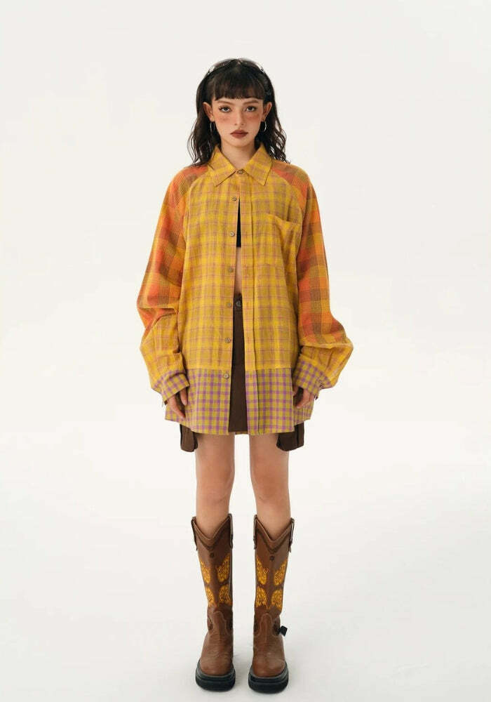 Y2K Grunge Multi-Pattern Plaid Shirt for Aesthetic Coquette Style