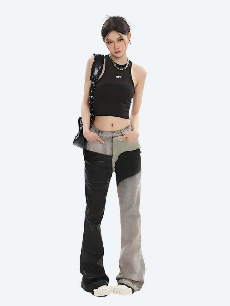 Y2K Grunge Patchwork Flare Pants - Aesthetic Coquette Style Essential