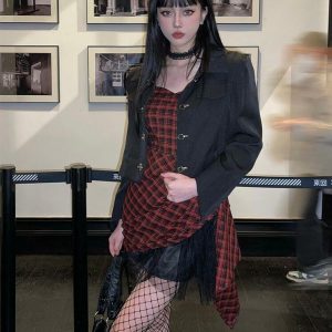 Y2K Grunge Plaid Mini Dress with Pink Halter Top & Aesthetic Vibes