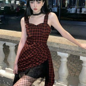 Y2K Grunge Plaid Mini Dress with Pink Halter Top & Aesthetic Vibes