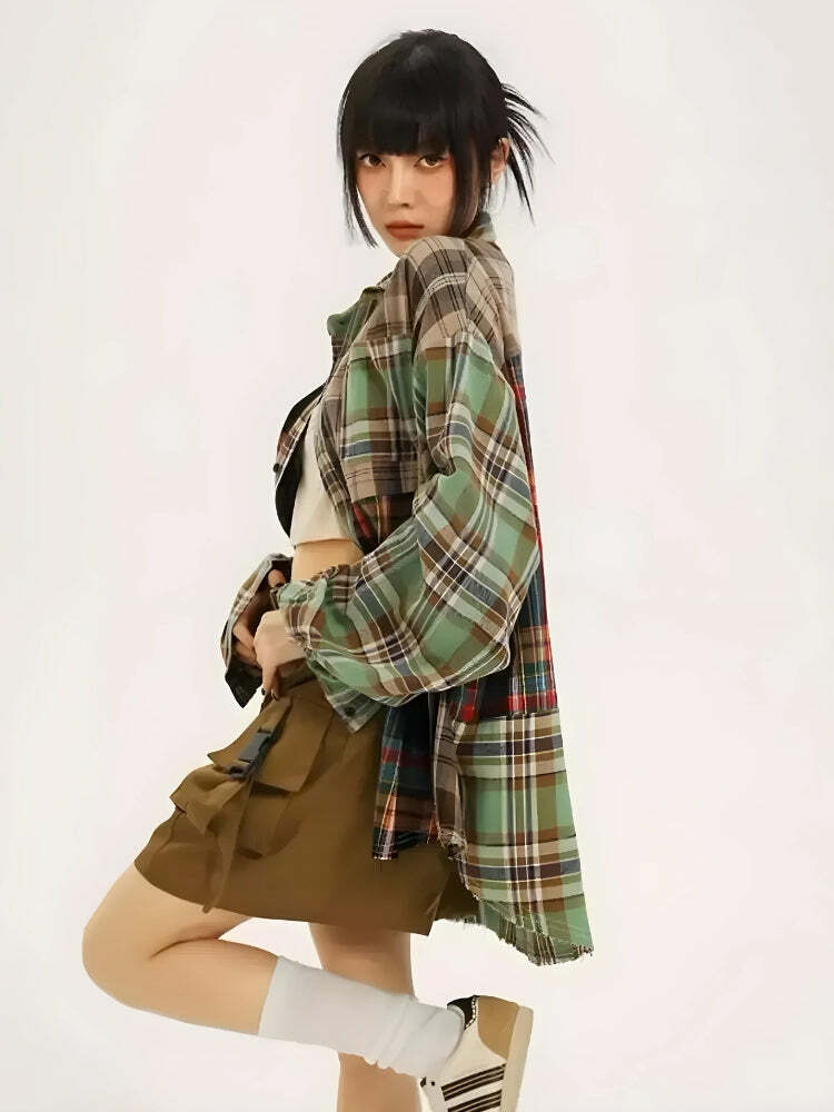 Y2K Grunge Plaid Shirt: Aesthetic Coquette Style for Trendy Outfits