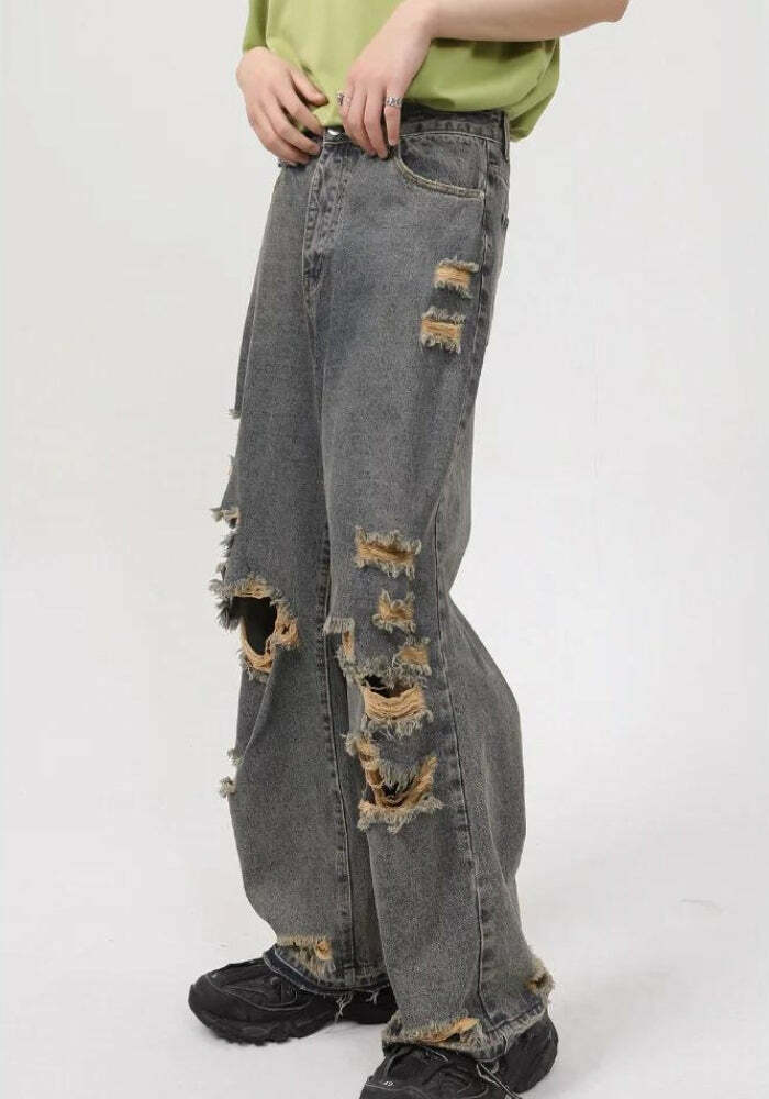 Y2K Grunge Ripped Straight Leg Jeans for Aesthetic Coquette Style