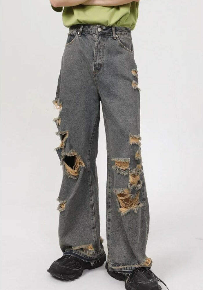 Y2K Grunge Ripped Straight Leg Jeans for Aesthetic Coquette Style