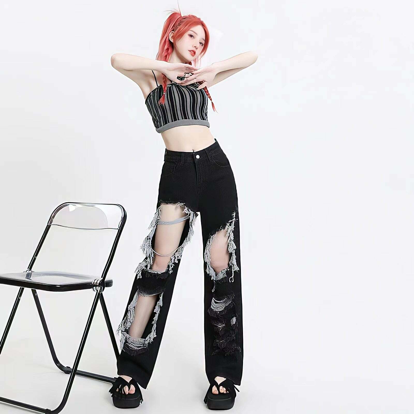 Y2K Grunge Ripped Wide Leg Jeans - Aesthetic Vintage Style Essential