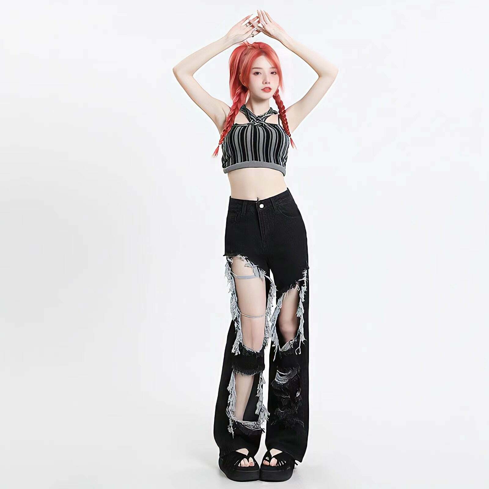 Y2K Grunge Ripped Wide Leg Jeans - Aesthetic Vintage Style Essential