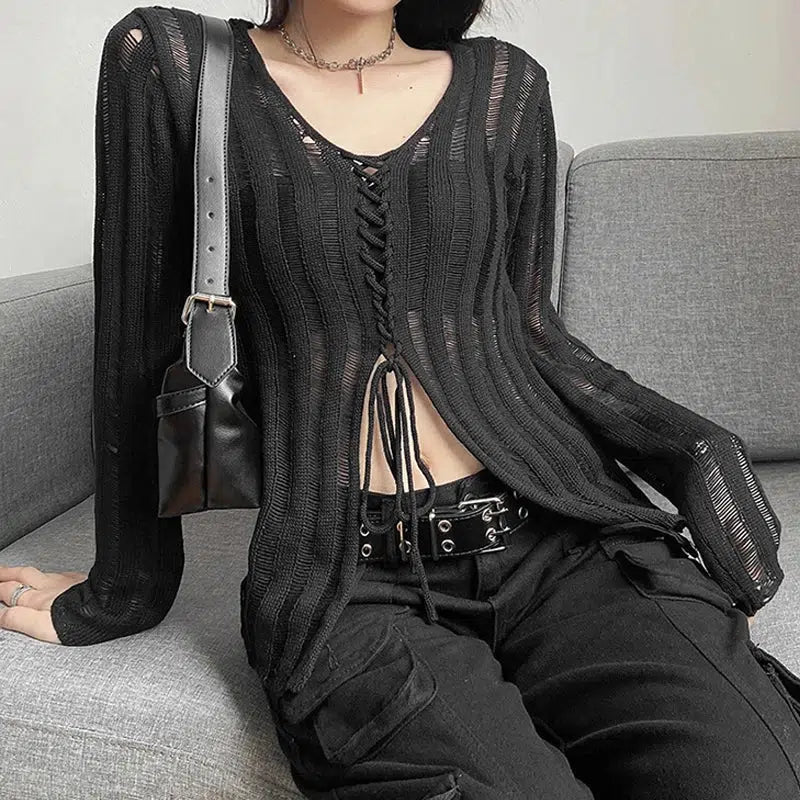 Y2K Grunge Sheer Lace-Up Top with Aesthetic Coquette Vibes