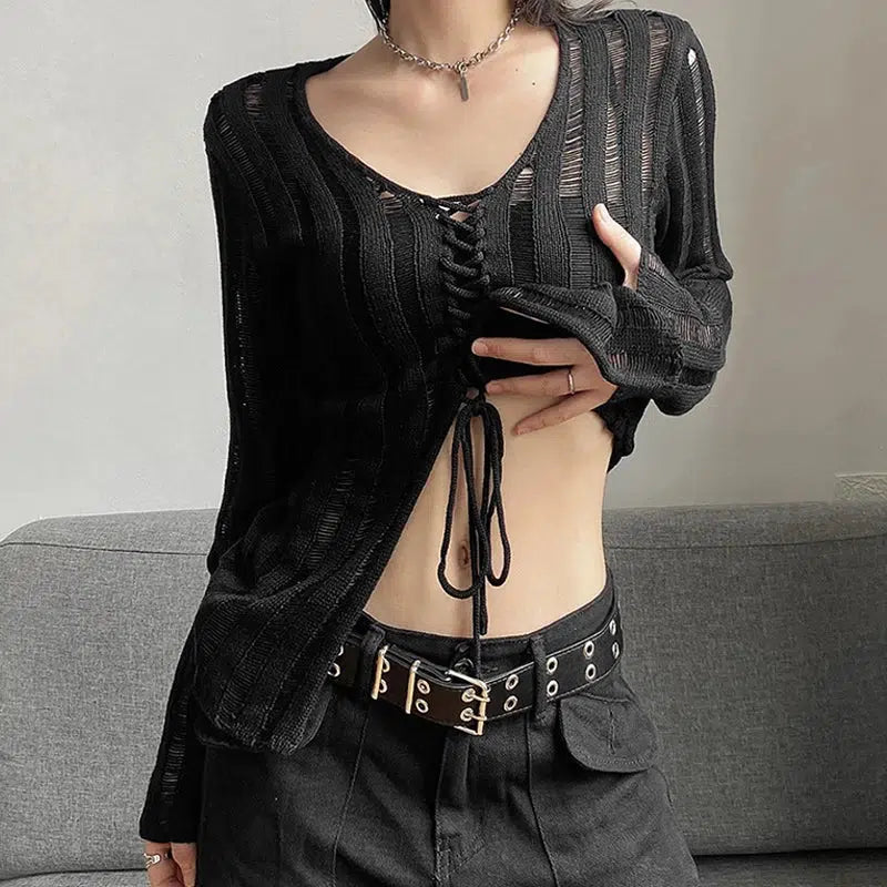 Y2K Grunge Sheer Lace-Up Top with Aesthetic Coquette Vibes