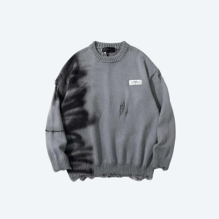 Y2K Grunge Spray Paint Distressed Knitted Sweater for Aesthetic Vibes