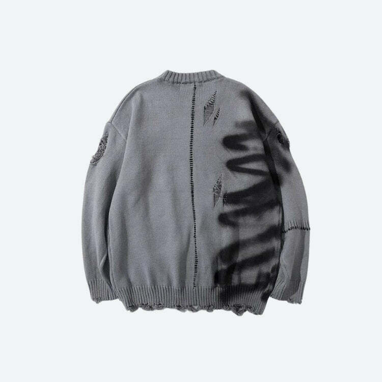 Y2K Grunge Spray Paint Distressed Knitted Sweater for Aesthetic Vibes