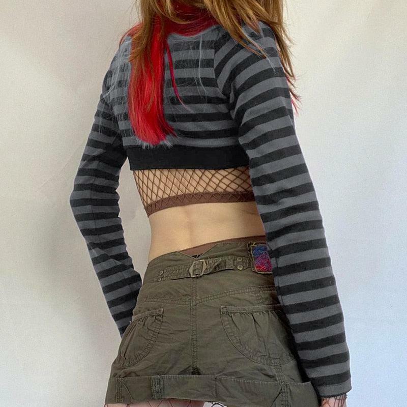 Y2K Grunge Striped Button-Up Crop Top for Aesthetic Coquette Style